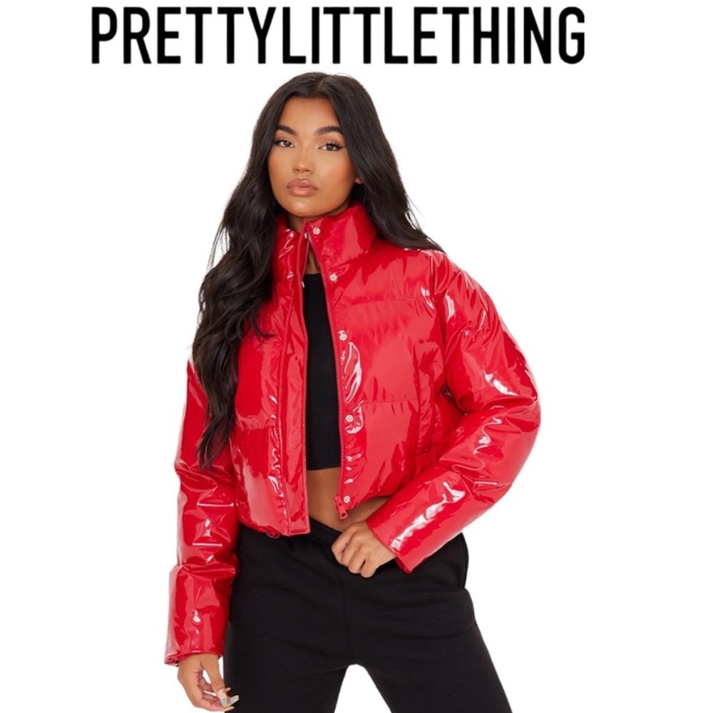 PrettyLittleThing Glossy Red Cropped Puffer Jacket